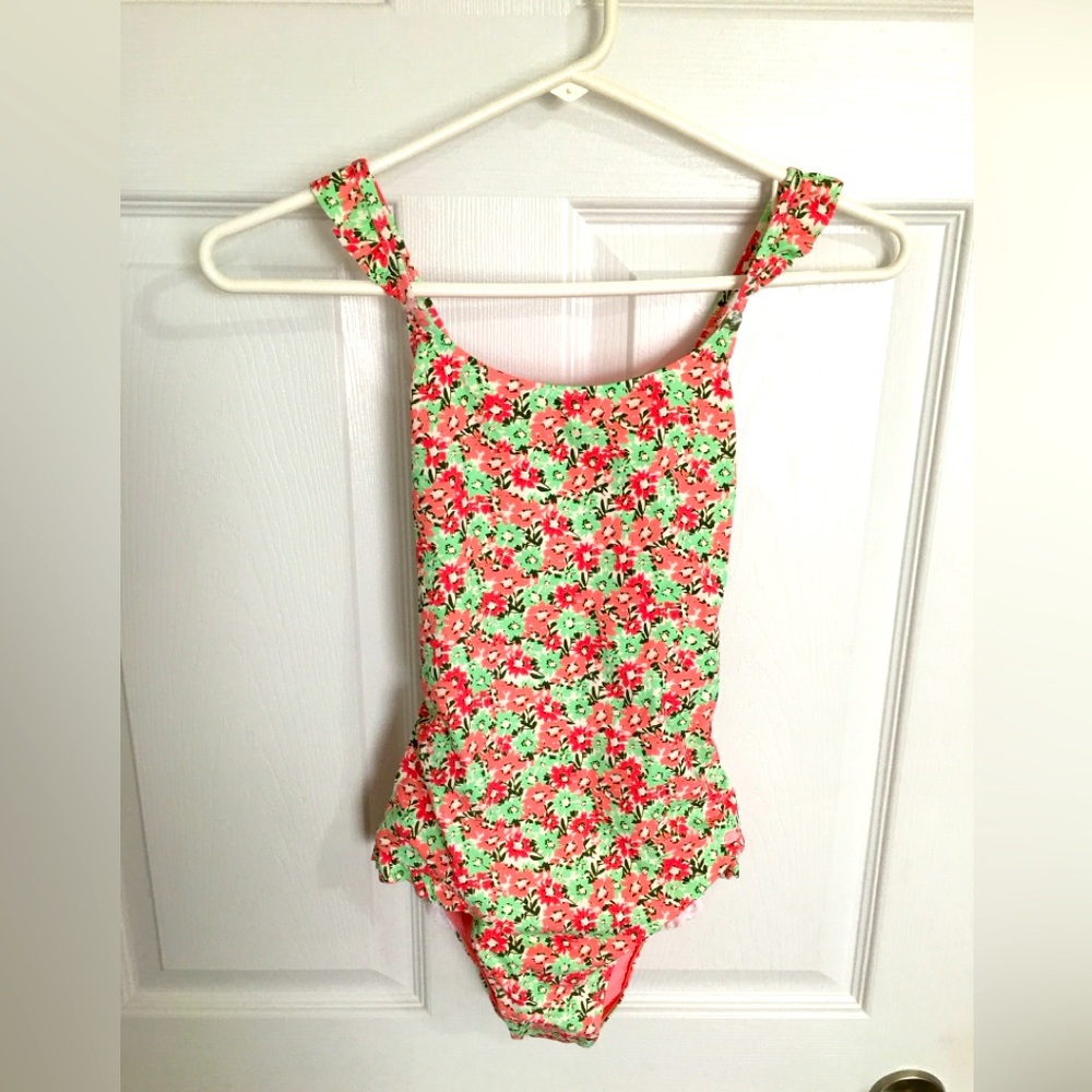 NWT Girls Vineyard Vines Floral Pink Green & White Swimsuit, Size L (14) Ruffles
